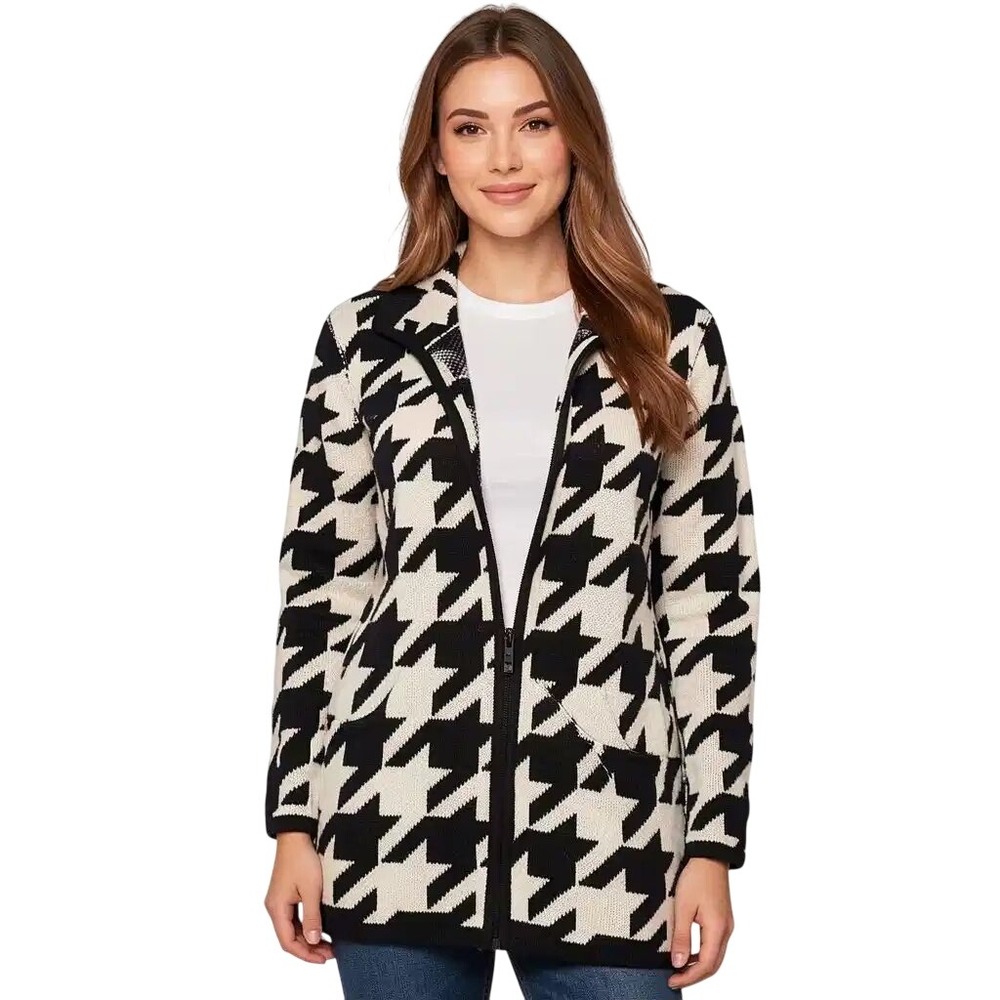 Investments Womens Black White Houndstooth Open Front Cardigan Sweater M NWT